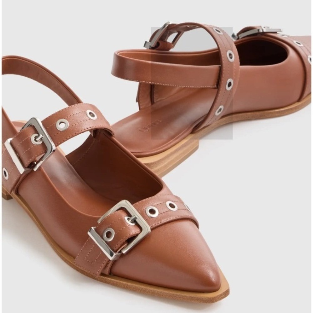 Quince Italian Leather Bold Buckle Slingback Flat Size 7 Cognac Brown Shoes